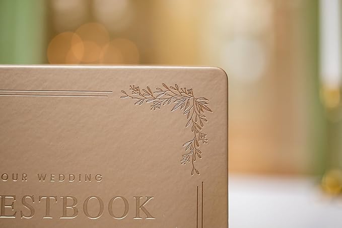 Floral Embossed Wedding Guest Book Set - 9 x 7.5 Hardcover Guestbook for Wedding Reception Sign in, Messages, Bridal Shower Engagement Party (Champagne Gold)
