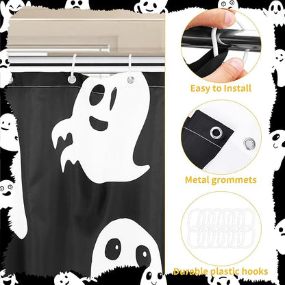 Halloween Shower Curtain, Spooky Cute Ghosts Cartoon Print, Black & White Fabric Bathroom Decor for Boys, Trick or Treat - Includes 12 Hooks and Ghost Decorations, 72x72 Inch