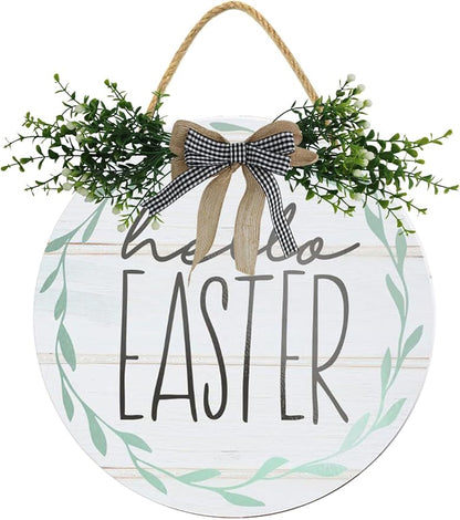 Boylee Easter Wooden Hanging Sign Hello Easter Sign Door Decoration with Bow Rustic Easter Wood Wreath Sign for Easter Spring Holiday Home Coffee Shop Bakery Farmhouse Window