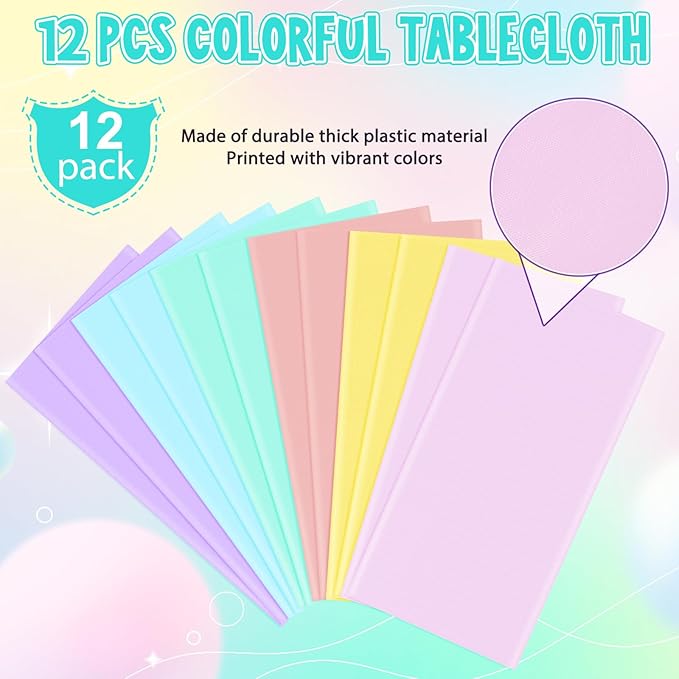 12Pcs Plastic Pastel Color Tablecloths,Assorted Color Table Cloth Disposable Rectangle Table Covers for Baby Shower, Wedding,Birthday Party,Spring Easter and Summer Party Decorations, 54 x 108 Inch