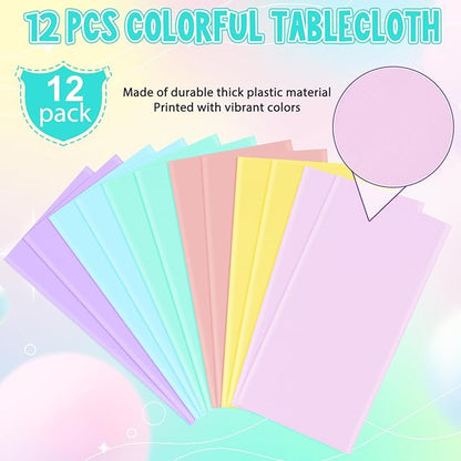 12Pcs Plastic Pastel Color Tablecloths,Assorted Color Table Cloth Disposable Rectangle Table Covers for Baby Shower, Wedding,Birthday Party,Spring Easter and Summer Party Decorations, 54 x 108 Inch