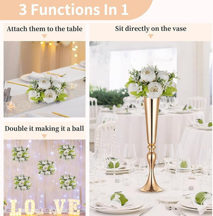 NUPTIO White Peony Flowers for Centerpieces: 2 Pcs 9.4 Inch Diam Artificial Flower Balls - Fake Flower Ball Arrangement Bouquet for Wedding Tables Decorations