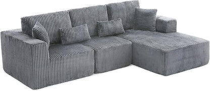 L Shaped Modular Boneless Sectional Couches for Living Room, Wide Armrest, Deep Seat, Memory Foam, Assembly Free, Modern Comfy Corduroy Fluffy Cloud Sofa with Right Chaise, Grey