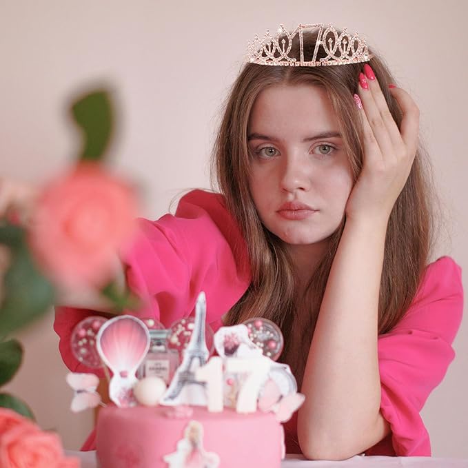 CIEHER 17th Birthday Crown and Sash for Girls, It's My 17 Bday Sash, 17th Birthday Decorations Rose Gold
