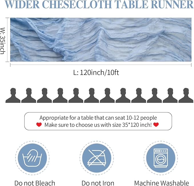 12 Pack Dusty Blue Cheesecloth Table Runners 35x120 Inch,10FT Boho Blue Gauze Table Runner Cheese Cloth for Wedding Party Baby Shower Christmas Home Decorations