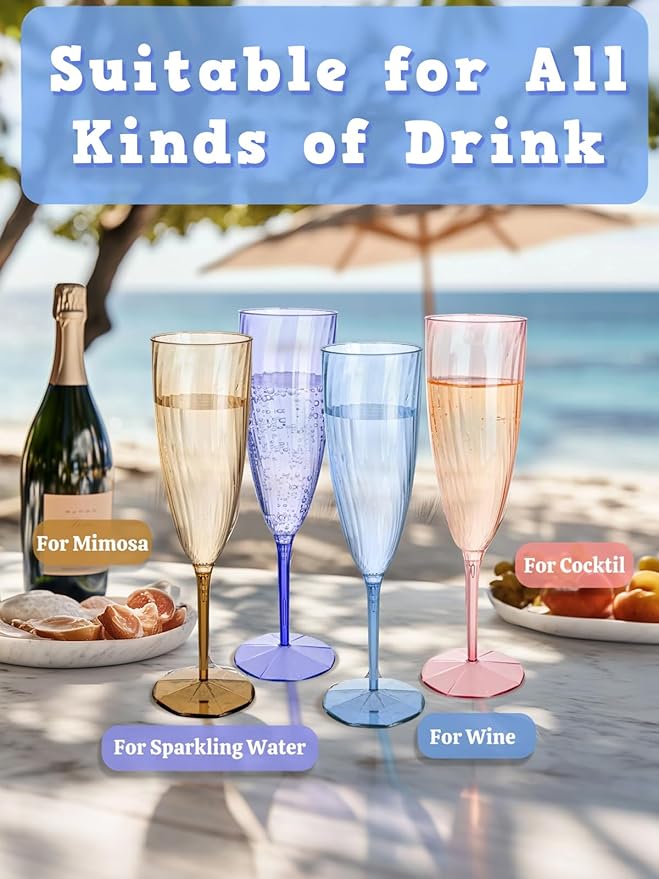 WDF 12PCS Colorful Plastic Champagne Flutes - 6 OZ Colorful Disposable Champagne Flutes - Perfect for Wedding/Parties/Birthday