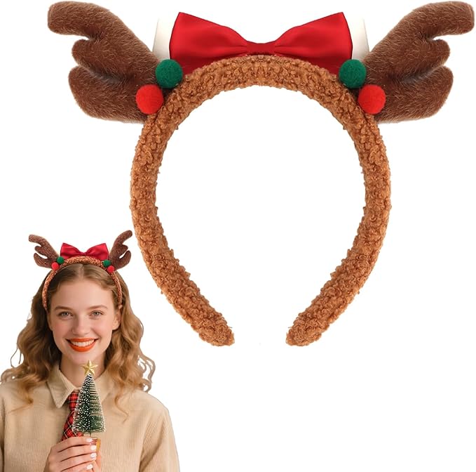 Christmas Antlers Headband Cute Brown Reindeer Ears Antlers Red Bow Headband for Women Girls Christmas Holiday Hair Accessories for Xmas Party Supplies Halloween Cosplay