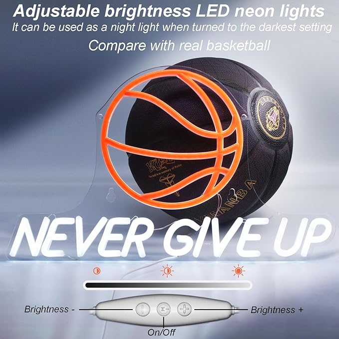 Never Give Up Basketball Neon Signs for Wall Decor,Dimmable LED Neon Light for Room Decor,Boys,Men,17x10.2 inch,5V USB Powered, Sports Neon Signs for Bedroom Classroom ManCave Bar