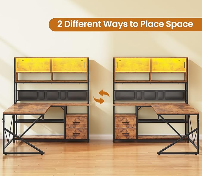 SEDETA L Shaped Computer Desk, Home Office Desk with 2 Drawer and Bookshelf, L Shaped Gaming Desk with LED Light, Glass Cabinet and Storage Bag, Corner Desk with Storage Shelves, Rustic Brown