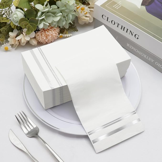 100 Pcs White and Silver Napkins - Silver Paper Napkins Disposable - Premium Quality Silver Dinner Napkins for Bathroom Kitchen Wedding Birthday Anniversary Party