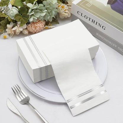 100 Pcs White and Silver Napkins - Silver Paper Napkins Disposable - Premium Quality Silver Dinner Napkins for Bathroom Kitchen Wedding Birthday Anniversary Party