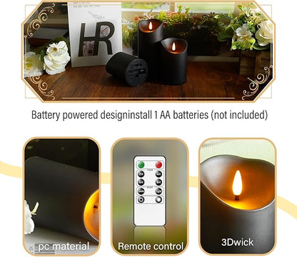 Flameless Candles with Remote Timer, Battery Operated Realistic Flickering LED Candles, 9 Packs Fake Candles for Home Decor (D3 x H 3" 4" 5" 6" 7") (Black)