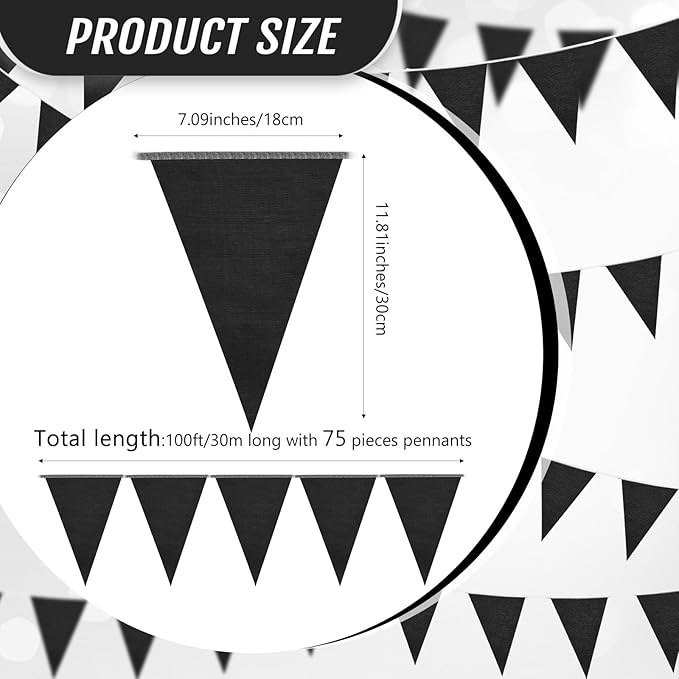100 Feet Pennant Banners Flags 75 Solid String Triangle Flags for Grand Opening, Carnival Theme Birthday Party Decoration Outdoor Events Classroom Decoration(Black)