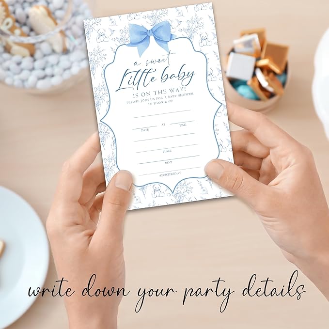 Baby Shower Invitations, A Sweet Little Baby Is On The Way 25 Blue Floral Invites With Envelopes For Baby Girl, Gender Reveal, Baby Shower Favor And Supplies-A02