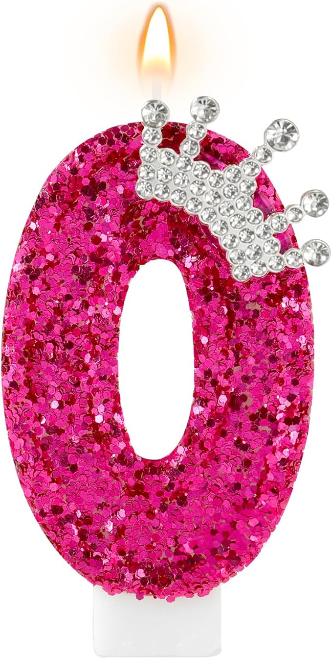 Hot Pink Birthday Candles Crown Number 0 Candle Birthday Party Decorations Cake Topper Cupcake Decor for Anniversary Celebrations Supplies