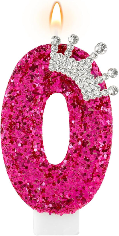 Hot Pink Birthday Candles Crown Number 0 Candle Birthday Party Decorations Cake Topper Cupcake Decor for Anniversary Celebrations Supplies