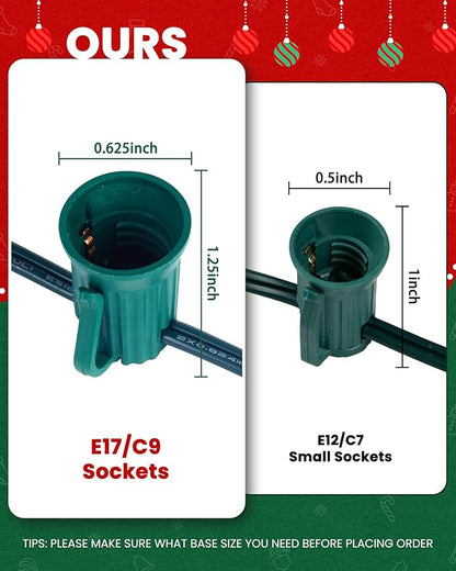 Brightown C9 Light Strand, 25FT Green Cord Outdoor String Lights Christmas Stringer with 12" Socket Spacing, C9/E17 Intermediate Base Indoor/Outdoor Stringer Set for Christmas Decor Patio