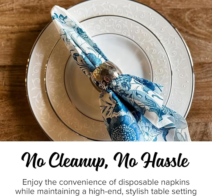 SimuLinen Blue Floral Decorative Dinner Napkins, Disposable Cloth-Like Paper Napkins, Linen Feel, Premium Airlaid Material, Highly Absorbent, Box of 120