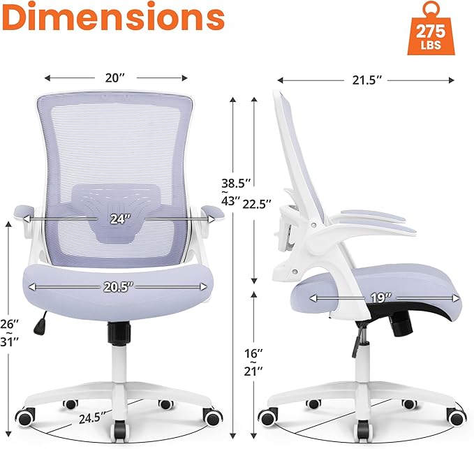 NEO Chair Office Desk Chair Computer High Back Mesh Gaming Seat with Ergonomic Adjustable Comfy Flip-up Armrests Lumbar Support Height for Home (Purple)