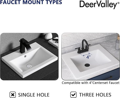 DeerValley 21x18 Inch Rectangular Fireclay Drop-in Bathroom Sink, White Vessel Sink with Overflow, Modern Art Basin, DV-1DS0123