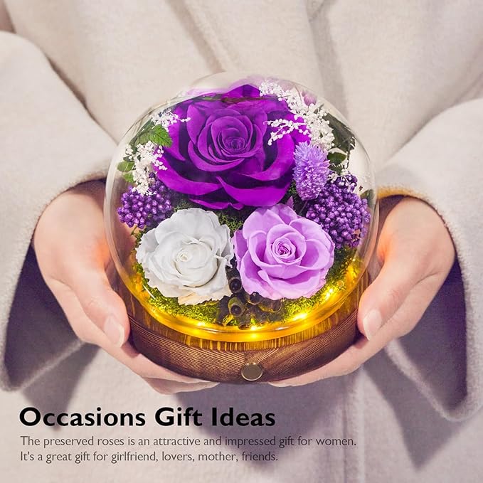 Forever Flowers for Delivery Prime, Preserved Rose in Glass Dome, Gifts for Women Birthday, Long-Lasting Flowers for Mom Wife Grandma Valentine's Day Mother's Day Christmas Anniversary, Purple