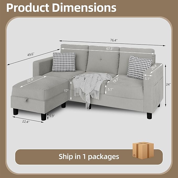 JAMFLY Convertible Sectional Couches for Living Room, L-Shaped Couch 3 Seat Sectional Sofa Set with Corduroy Fabric and Movable Ottoman Small Couch for Apartments, Office(Light Grey)