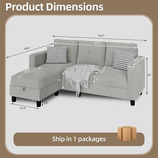 JAMFLY Convertible Sectional Couches for Living Room, L-Shaped Couch 3 Seat Sectional Sofa Set with Corduroy Fabric and Movable Ottoman Small Couch for Apartments, Office(Light Grey)
