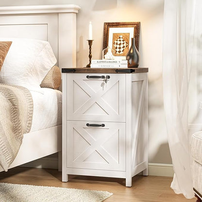 2 Drawer Small File Cabinet with Lock, Farmhouse Vertical Filing Cabinet Fits Letter and A4 Size, Under Desk Wooden File Cabinets for Home Office, Printer Stand, Rustic White