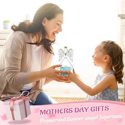 Miofula Preserved Flower Rose Birthday Gifts for Mom, Angels Figurines with Forever Real Rose Gifts for Women Mom Grandma, Angels Gifts for Valentines Anniversary Mothers Day(Pearlescent Sky Blue)