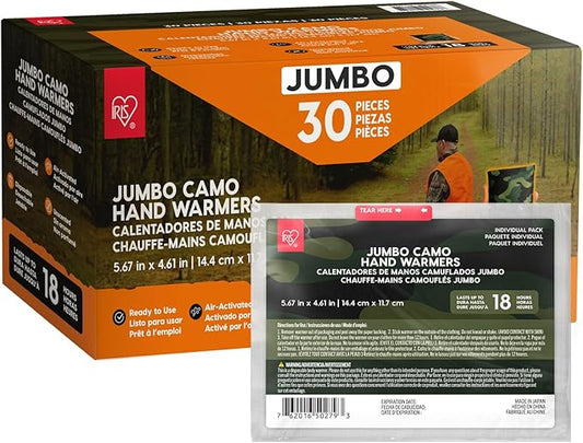 IRIS USA Hand Warmers, Regular/Large/Jumbo, 30/60 Individual Warmers, Regular/Adhesive Body Warmers Up to 10/12/18 Hours Disposable Handwarmer Bulk for Hot Hands Feet Chest Back, TSA-Approved, Camping