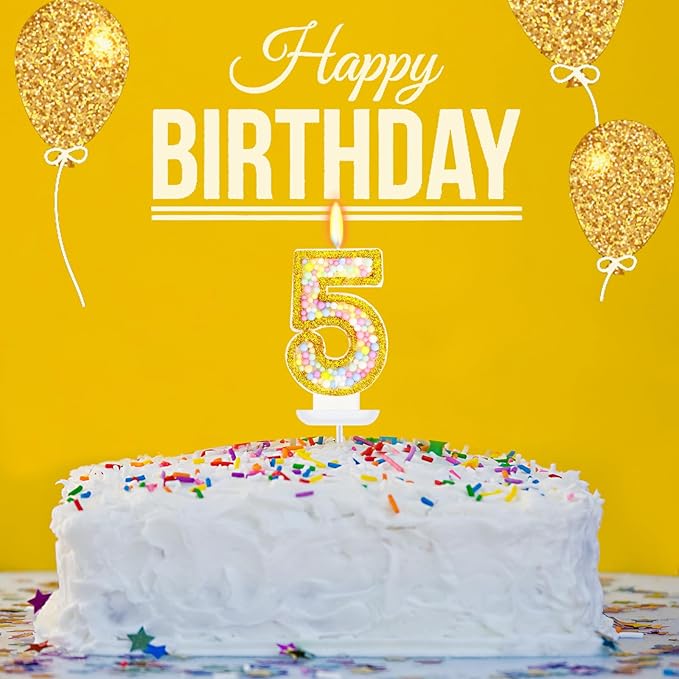 5th Birthday Candle for Cake, Colorful Macaron Numeral Candles for Girls/Boys, Sponge Birthday Party Cake Decorations, Golden Cake Topper(Number 5)