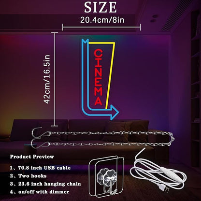 Cinema Neon Sign Arrow Neon Light for Wall Decor Movie Theater Led Neon Signs Movie Led Neon Lights for Home Theater Film Room Commercial Theater Store Decoration