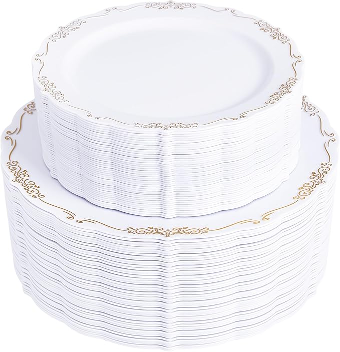 U-QE 100PCS Gold Thanksgiving Plates Disposable - Heavy Duty White and Gold Plates Including 50PCS 10'' Dinner & 50PCS 7.5'' Dessert Plates Perfect for Upscale Party, Wedding