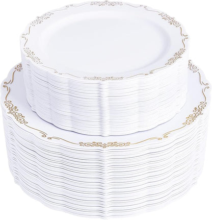U-QE 100PCS Gold Thanksgiving Plates Disposable - Heavy Duty White and Gold Plates Including 50PCS 10'' Dinner & 50PCS 7.5'' Dessert Plates Perfect for Upscale Party, Wedding