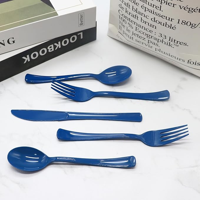 150 Pack Blue Plastic Silverware, Navy Blue Plastic Utensils Heavy Duty, 50 Forks, 50 Knives, 50 for Birthday, Graduation, Baby Shower