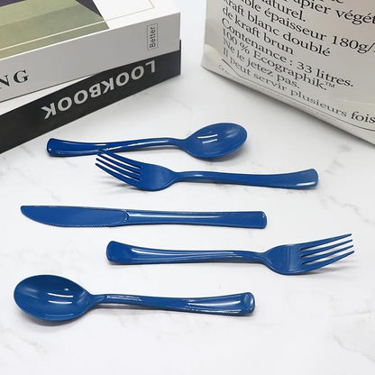 150 Pack Blue Plastic Silverware, Navy Blue Plastic Utensils Heavy Duty, 50 Forks, 50 Knives, 50 for Birthday, Graduation, Baby Shower