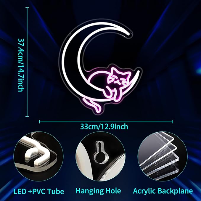 Moon Cat Neon Sign, JGHTURIE Pink Neon Signs for Wall Decor Cute Animal Light Up Sign Game Room Bar Party Led Signs for Man Cave Kids Decor USB Powered