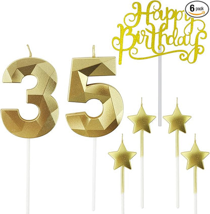 Golden Number 35 Birthday Candles and Star Birthday Candles 2.76 inch Birthday Cake Candles 3D Diamond Shaped Candles are Suitable for Birthday Parties and Anniversary Cake Decorations Candles