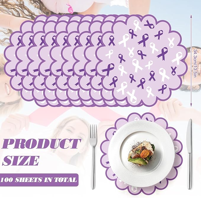 100 Pcs Domestic Violence Awareness Products 13.5" Scalloped Purple Ribbon Paper Placemats Disposable Alzheimer’s Pancreatic Cancer Awareness Products for Charity Public Social Event Party Supplies