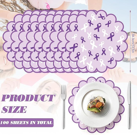 100 Pcs Domestic Violence Awareness Products 13.5" Scalloped Purple Ribbon Paper Placemats Disposable Alzheimer’s Pancreatic Cancer Awareness Products for Charity Public Social Event Party Supplies