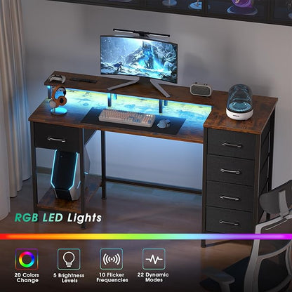 55 Inch Gaming Desk with Power Outlets and LED Lights, Reversible Computer Desk with 5 Fabric Storage Drawers, Home Office Desk with Monitor Stand for Working Writing Study, Rustic Brown