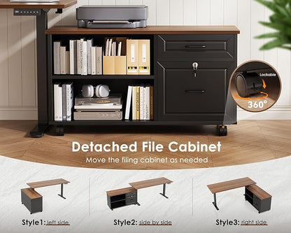 OffiGo 55 Inch L Shaped Electric Standing Desk with Drawers & File Cabinet Sets, Executive Sit Stand Desk, Height Adjustable Computer Desk for Home Office, Writing, Workstation, Walnut+Black