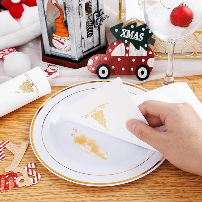 100PCS Christmas Gold Napkins Disposable - Heavy Duty Christmas Tree Napkin - Yule Paper Hand Towels - Xmas Gold Napkin for Kitchen Bathroom Noel Parties Dinners and Events
