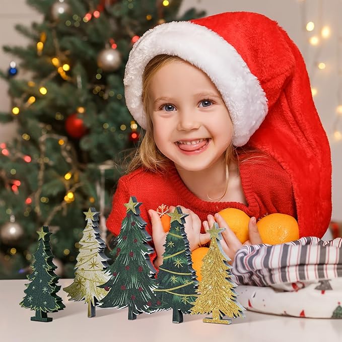 Smile 3 Pcs Wooden Blocks Christmas Decoration Trees Signs, Rustic Centerpieces Wooden Trees, Tiered Tray Decorations for Home Table Shelf Decor.