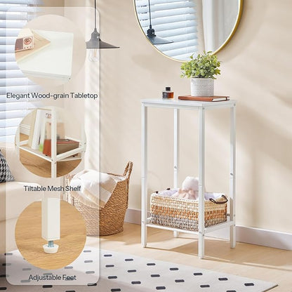 HOOBRO Tall Side Table, Industrial End Telephone Table with Adjustable Mesh Shelves, for Living Room, Bedroom, Entryway, Office, White WW03DH01