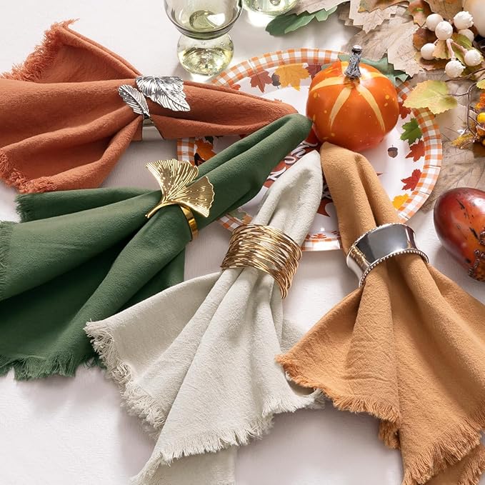12 Pack Mixed Thanksgiving Color Cotton Linen Napkins With Fringe - Fall Cloth Set of 12 Boho Handmade Dinner Bulk for Wedding Fall Dining Table, 17 x 17