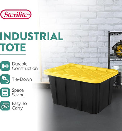 Sterilite 4-Pack 27 Gallon Industrial Storage Tote, Heavy-Duty Plastic Bins, Black/Yellow - Stackable Utility Organizers with Lids for Garage, Camping Tools, and Outdoor Gear