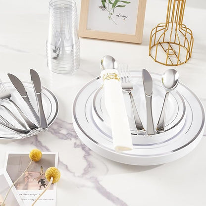 175 Pcs Silver Disposable Plates for 25 Guests, Disposable Plastic Plates, Dinnerware Set Include 25 Dinner Plates, 25 Salad Plates,25 Cups, 25 Paper Napkins for Party, Wedding, Thanksgiving
