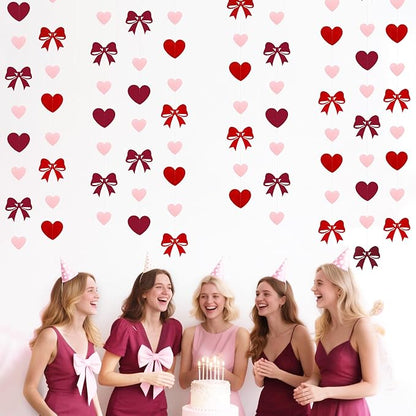 Heart Bow Decorations Burgundy Red Pink Heart Bow Hanging Garland Streamer for Anniversary Birthday Valentines Bachelorette Wedding Baby Shower Bridal Shower Engagement Hen Party Decorations Supplies