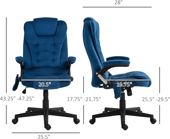 HOMCOM Executive Office Chair with 6 Points Vibration Massage and Heated Lumbar Support, Velvet High Back Computer Chair with Reclining Backrest, Tilt Function and Padded Armrests, Drak Blue